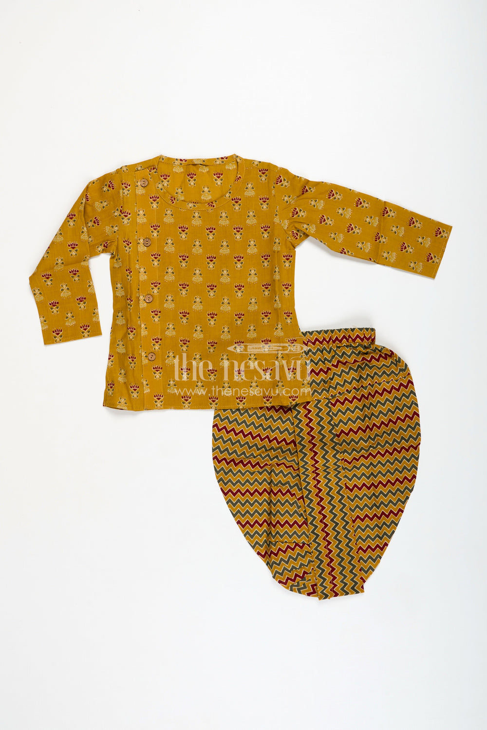 The Nesavu Boys Dothi Set Classic Dhoti Kurta for Boys Engagement Party Style Nesavu 12 (3M) / Yellow BES721C-12 Nesavu Mustard Yellow Cotton Boys Dhoti Set Block Printed Kurta Wedding Party Wear
