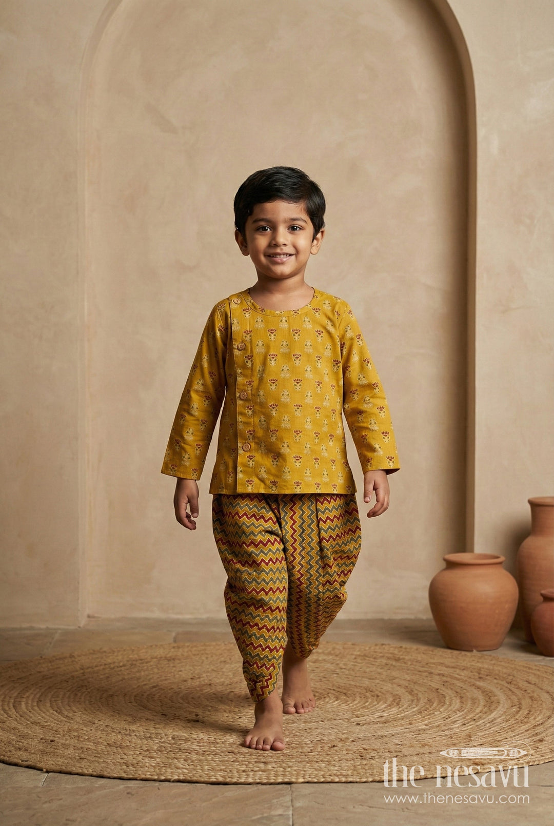 The Nesavu Boys Dothi Set Classic Dhoti Kurta for Boys Engagement Party Style Nesavu 12 (3M) / Yellow BES721C-12 Nesavu Mustard Yellow Cotton Boys Dhoti Set Block Printed Kurta Wedding Party Wear