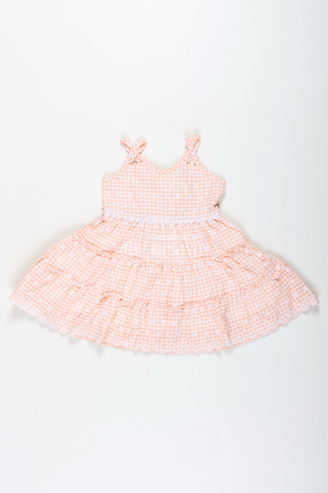 The Nesavu Girls Fancy Frock Classic Floral Frock for Girls Elegant Everyday Wear Nesavu 18 (2Y) / Peach GFC1820A-18 Nesavu Girls Classic Floral Frock Peach Cotton Embroidery Gingham Tiered Skirt Design