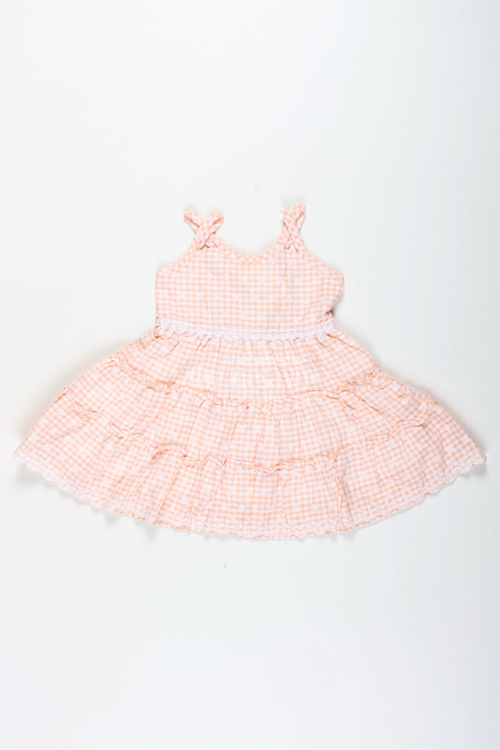 The Nesavu Girls Fancy Frock Classic Floral Frock for Girls Elegant Everyday Wear Nesavu 18 (2Y) / Peach GFC1820A-18 Nesavu Girls Classic Floral Frock Peach Cotton Embroidery Gingham Tiered Skirt Design
