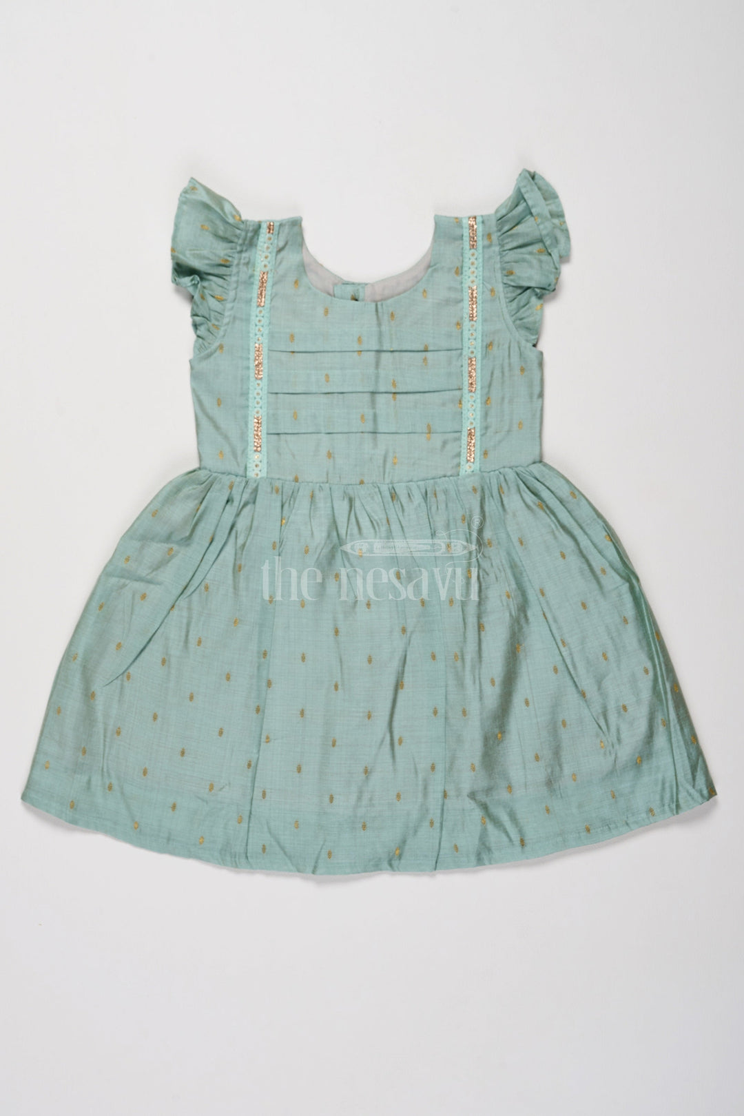 The Nesavu Girls Cotton Frock Classic Girls Cotton Dress in Mint Green with Ruffle Details Nesavu 16 (1Y) / Green GFC1476A-16 Elegant Mint Green Girls Cotton Dress Chanderi Lace Details  Nesavu