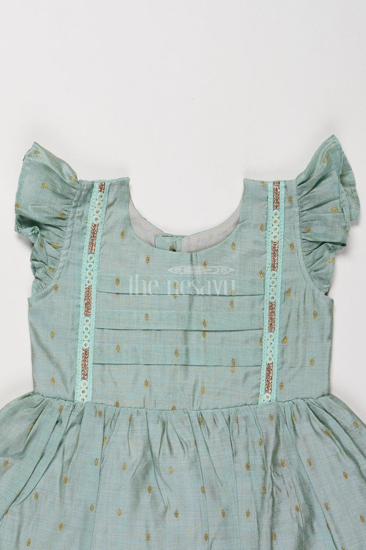 The Nesavu Girls Cotton Frock Classic Girls Cotton Dress in Mint Green with Ruffle Details Nesavu Elegant Mint Green Girls Cotton Dress Chanderi Lace Details  Nesavu