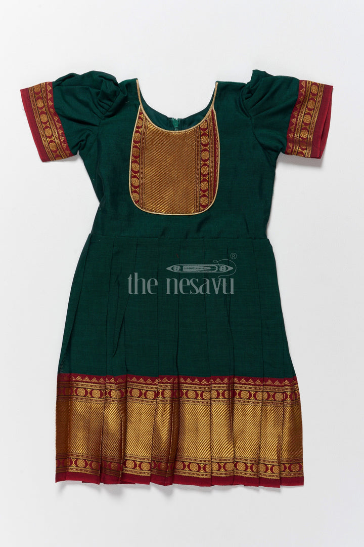 The Nesavu Silk Frock Classic Green and Gold Online Frock for Kids with Jacquard Silk and Puff Sleeves Nesavu 20 (3Y) / Green / Style 1 SF952A-20 Nesavus Green Gold Online Jacquard Silk Frock Kids Elegant Detailing