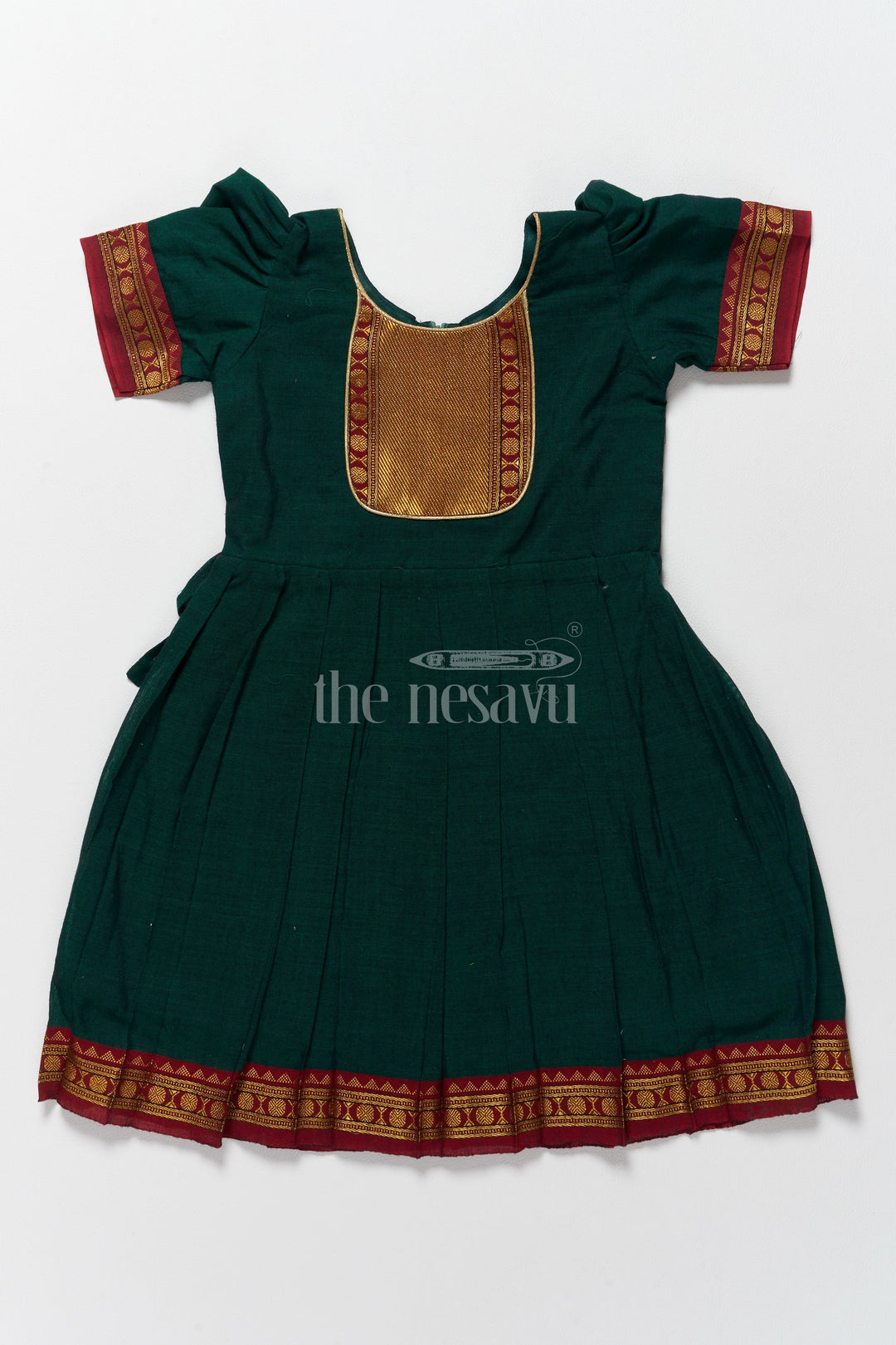 The Nesavu Silk Frock Classic Green and Gold Online Frock for Kids with Jacquard Silk and Puff Sleeves Nesavu 22 (4Y) / Green / Style 3 SF952C-22 Nesavus Green Gold Online Jacquard Silk Frock Kids Elegant Detailing