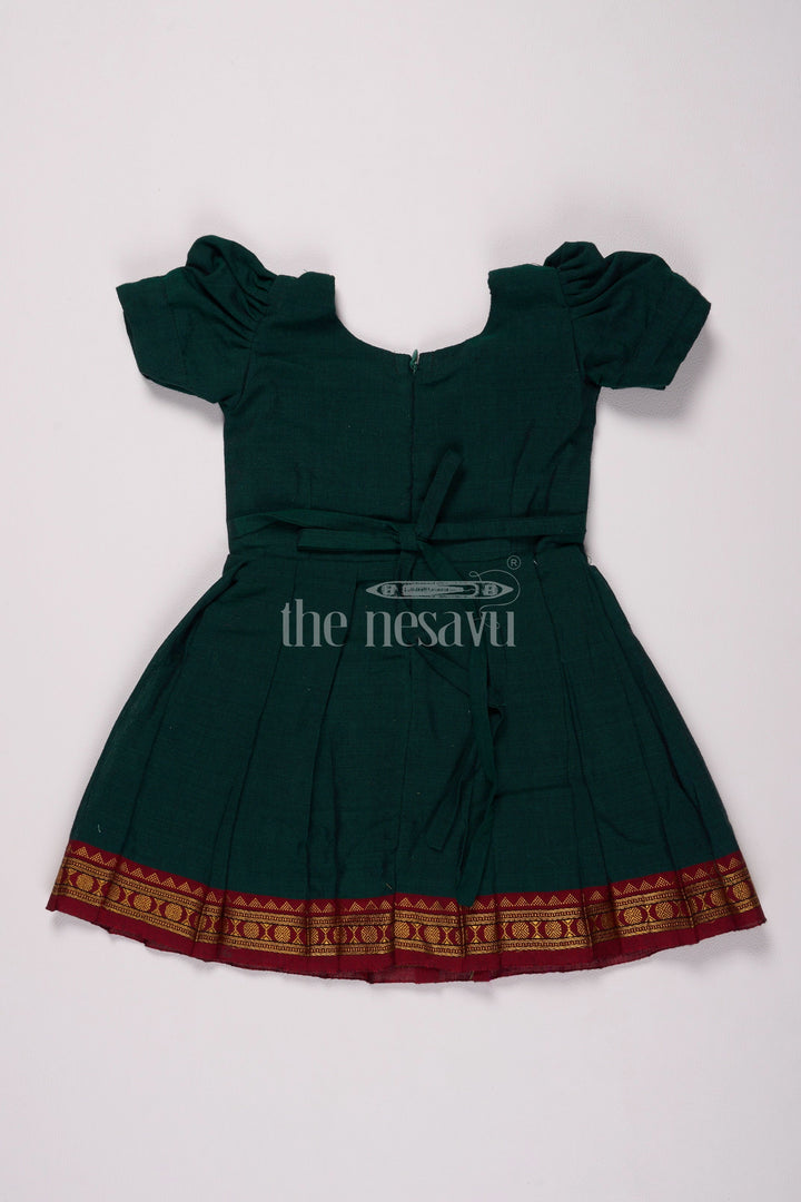 The Nesavu Silk Frock Classic Green and Gold Online Frock for Kids with Jacquard Silk and Puff Sleeves Nesavu Nesavus Green Gold Online Jacquard Silk Frock Kids Elegant Detailing