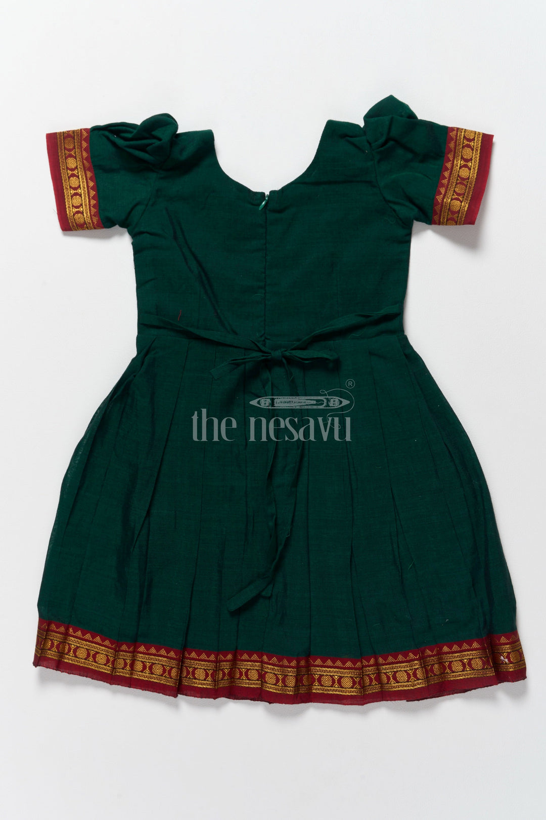 The Nesavu Silk Frock Classic Green and Gold Online Frock for Kids with Jacquard Silk and Puff Sleeves Nesavu Nesavus Green Gold Online Jacquard Silk Frock Kids Elegant Detailing