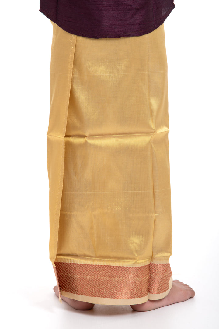 The Nesavu Boys Vesti Classic Greenish Gold Boys Dhoti with Rustic Maroon Trim Nesavu Elegant Boys Dhoti in Greenish Gold | Maroon Trimmed Traditional Attire | The Nesavu