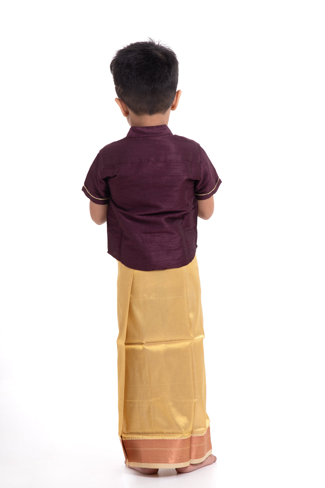 The Nesavu Boys Vesti Classic Greenish Gold Boys Dhoti with Rustic Maroon Trim Nesavu Elegant Boys Dhoti in Greenish Gold | The Nesavu
