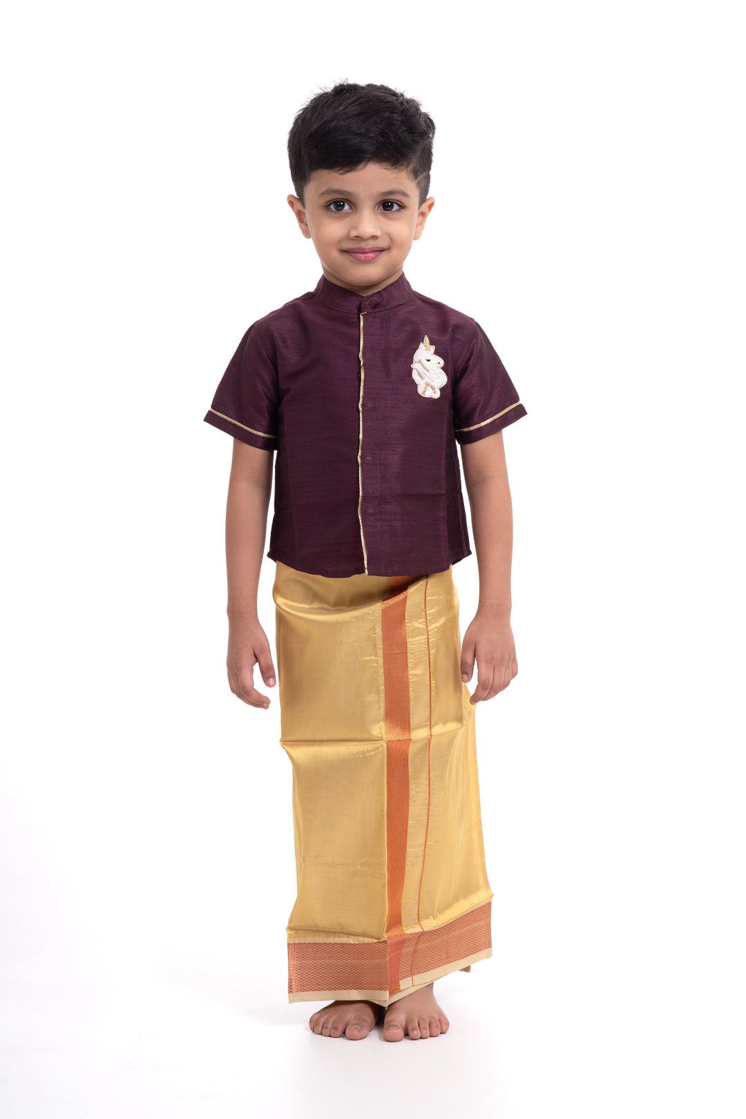 The Nesavu Boys Vesti Classic Greenish Gold Boys Dhoti with Rustic Maroon Trim Nesavu Elegant Boys Dhoti in Greenish Gold | The Nesavu