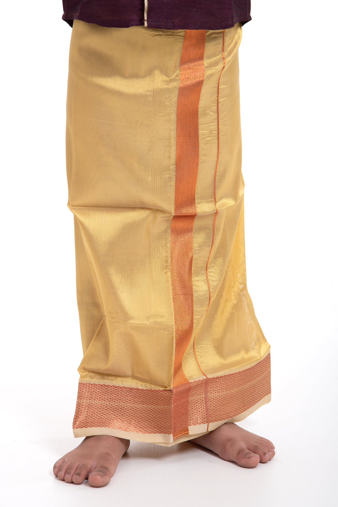 The Nesavu Boys Vesti Classic Greenish Gold Boys Dhoti with Rustic Maroon Trim Nesavu Elegant Boys Dhoti in Greenish Gold | The Nesavu