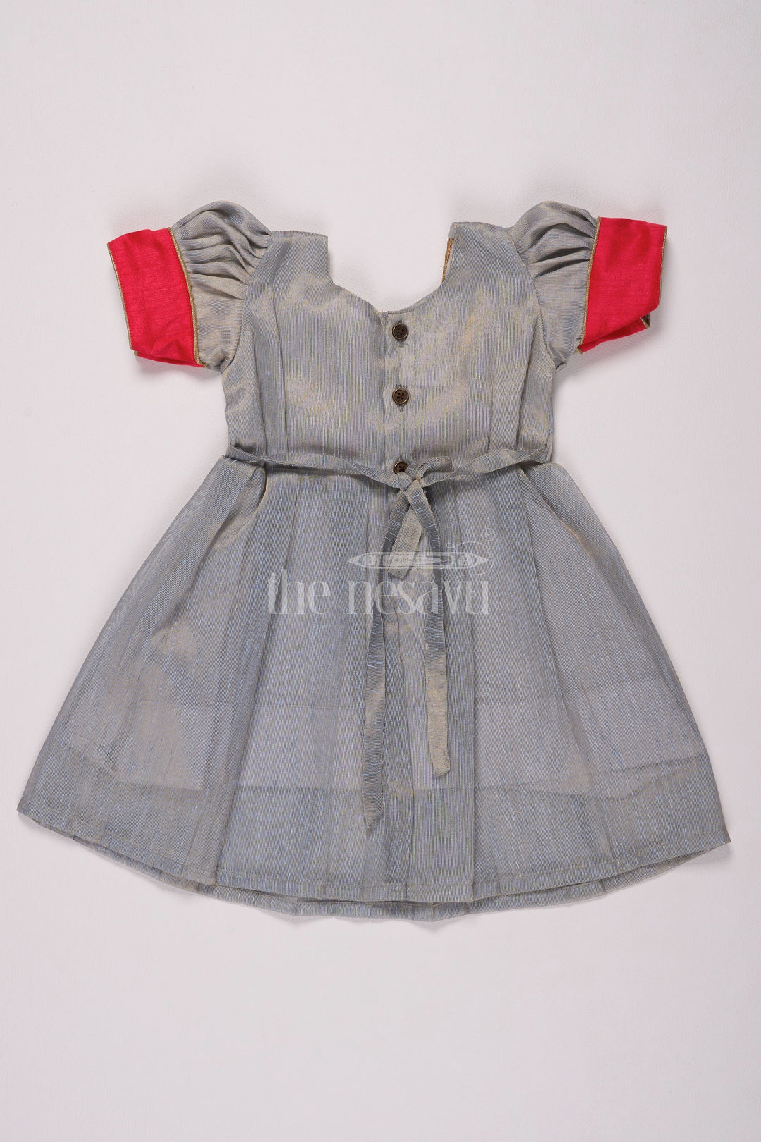 The Nesavu Silk Frock Classic Grey Silk Full Frock for Girls with Vibrant Red and Gold Accents Nesavu Nesavus Grey Silk Full Frock Girls Red Yoke Golden Detailing