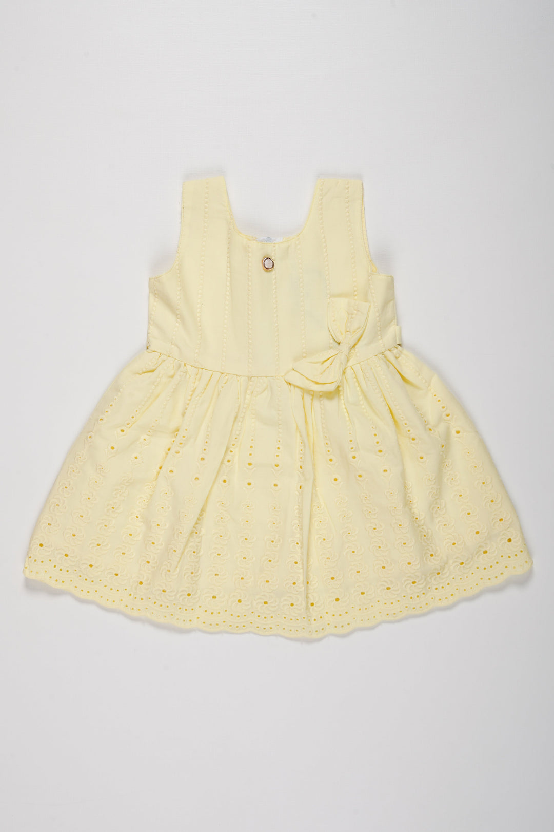 The Nesavu Baby Cotton Frocks Classic Ivory Eyelet Baby Frock: Organic Elegance for Little Ones Nesavu 14 (6M) / Yellow / Cotton BFJ552A-14 Designer Infant Dress | Buy Baby Girl Frocks Online | The Nesavu