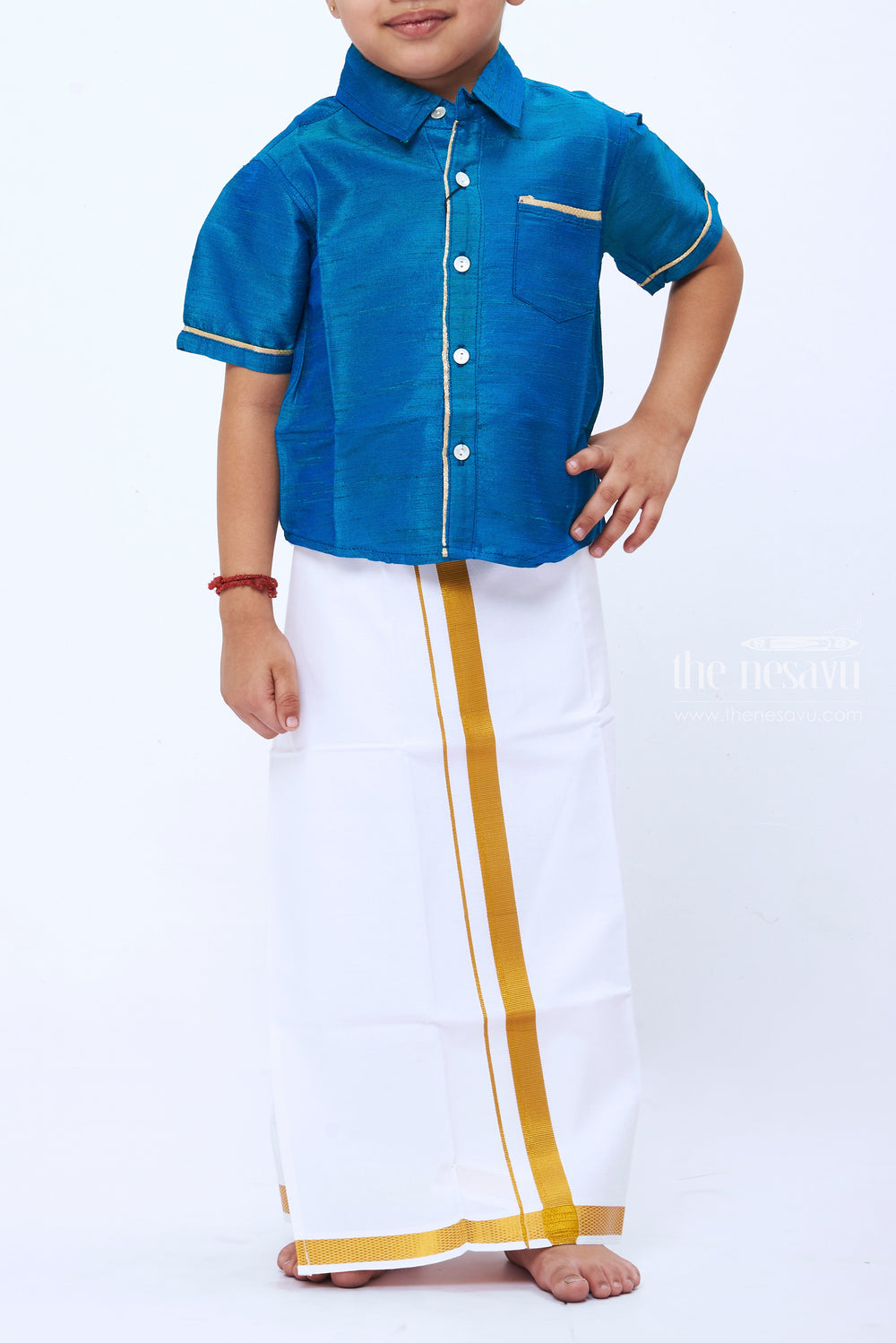 The Nesavu Boys Vesti Classic White and Gold Dothi for Boys Traditional Elegance Nesavu Elegant Boys White Gold Dothi | Traditional Indian Festive Wear | The Nesavu