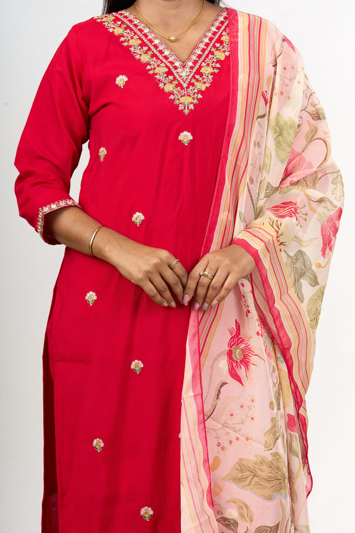 The Nesavu Womens Straight Suit Sets Classy Blend Silk Kurta Set for Women with Delicate Embroidery and Printed Dupatta Nesavu Classy Blend Silk Womens Kurta Set Printed Dupatta Embroidery Festive Celebrations | The Nesavu