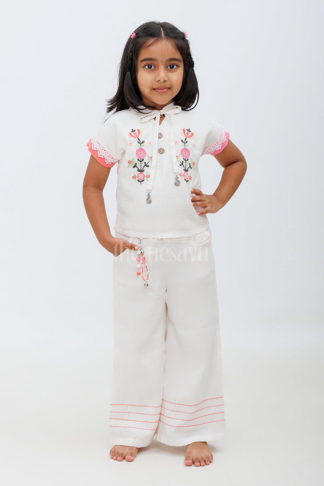 The Nesavu Girls Sharara / Plazo Set Co-Ord Set for Girls - Linen Cotton Crop Top & Palazzo Pant Nesavu 18 (2Y) / Half white GPS325A-18 Co-Ord Set for Girls - Linen Cotton Crop Top & Palazzo Pant with Floral Embroidery