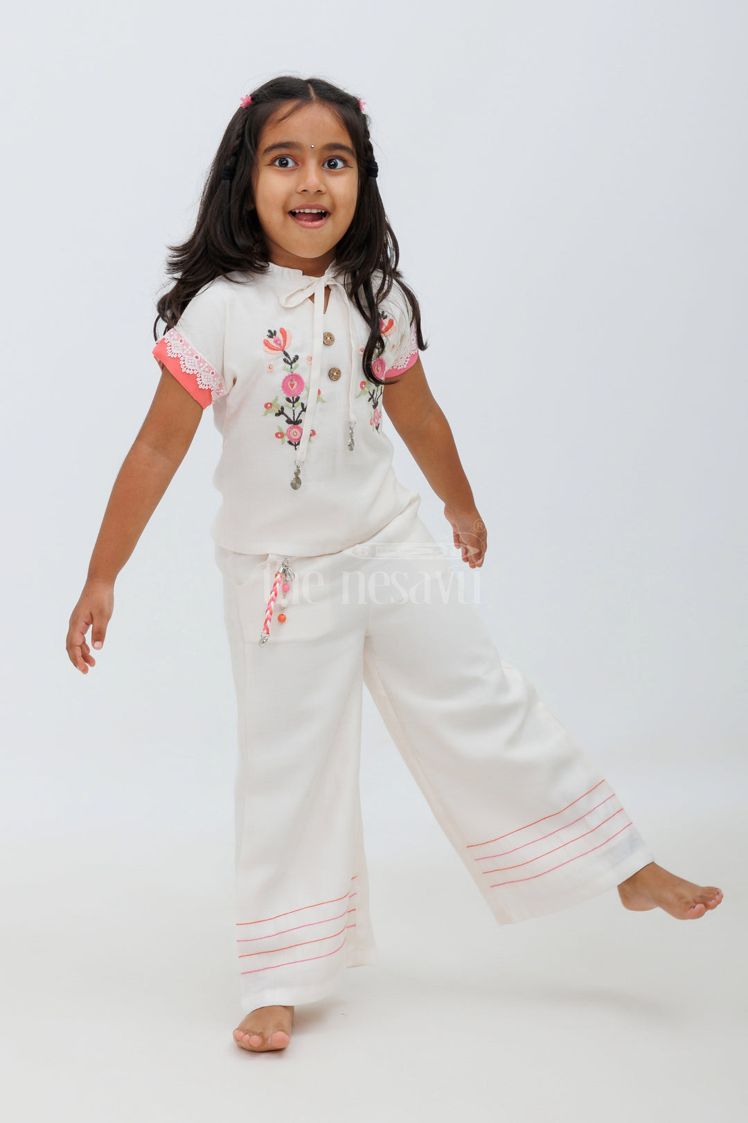 The Nesavu Girls Sharara / Plazo Set Co-Ord Set for Girls - Linen Cotton Crop Top & Palazzo Pant Nesavu Co-Ord Set for Girls - Linen Cotton Crop Top & Palazzo Pant with Floral Embroidery