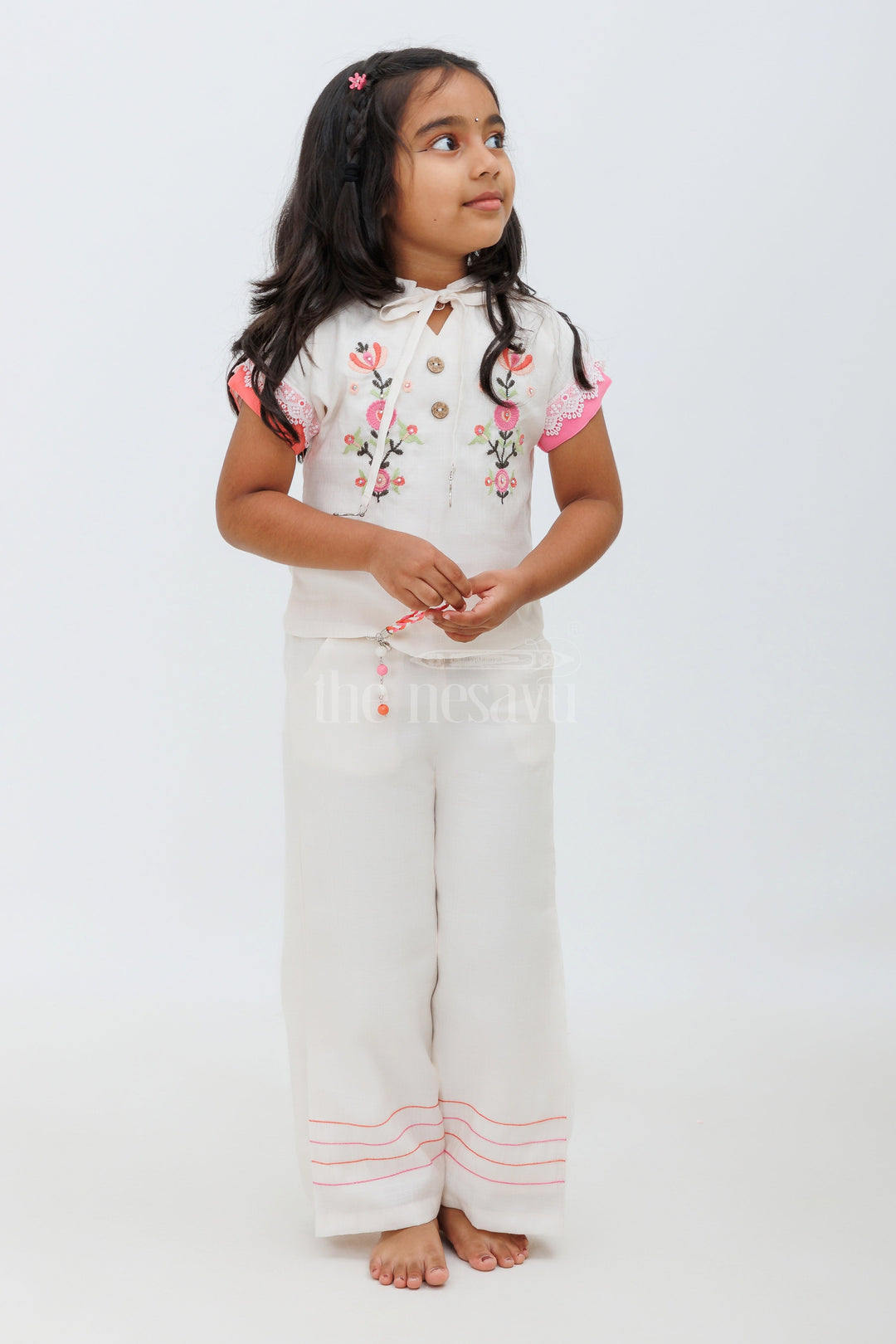 The Nesavu Girls Sharara / Plazo Set Co-Ord Set for Girls - Linen Cotton Crop Top & Palazzo Pant Nesavu Co-Ord Set for Girls - Linen Cotton Crop Top & Palazzo Pant with Floral Embroidery