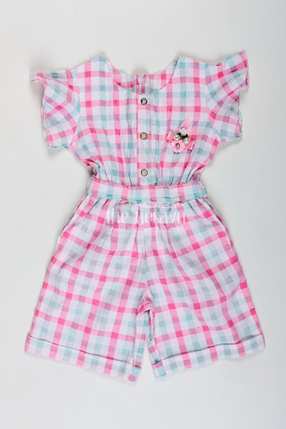 The Nesavu Girls Dungarees Comfortable Baby Casual Set Playsuit for Everyday Wear Nesavu 18 (2Y) / Multicolor GFC1840B-18 Nesavu Green Checked Cotton Ethnic Playsuit Girls Dupatta Floral Applique