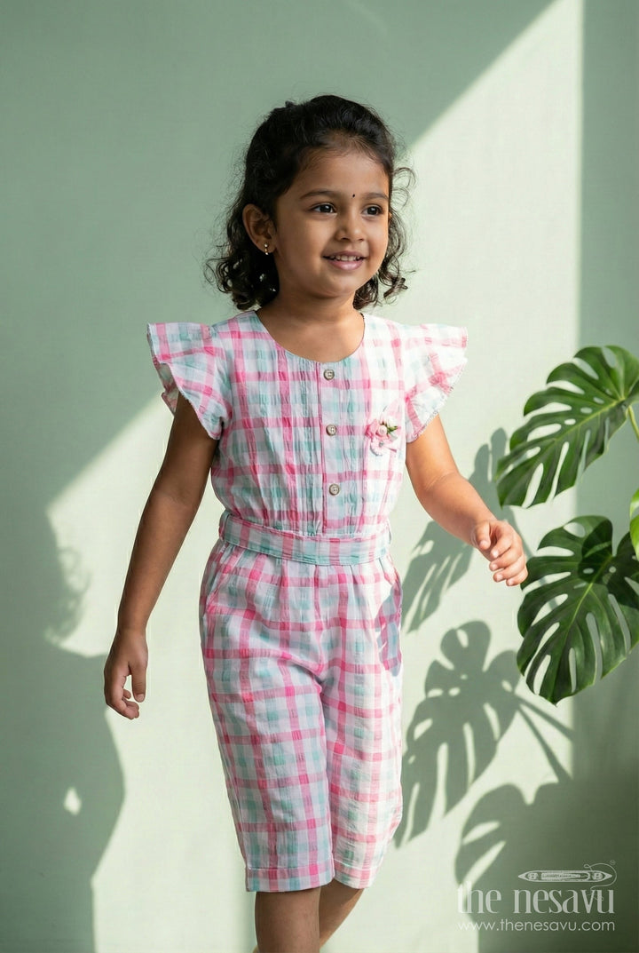 The Nesavu Girls Dungarees Comfortable Baby Casual Set Playsuit for Everyday Wear Nesavu 18 (2Y) / Multicolor GFC1840B-18 Nesavu Green Checked Cotton Ethnic Playsuit Girls Dupatta Floral Applique