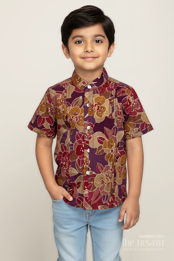 The Nesavu Boys Cotton Shirt Comfortable Shirt for Toddler Boys with Floral Digital Print in Maroon and Mustard Tones for Everyday Ease Nesavu 16 (1Y) / Brown BS259A-16 Nesavu Toddler Boys Comfortable Cotton Shirt Bold Floral Digital Print Everyday Wear