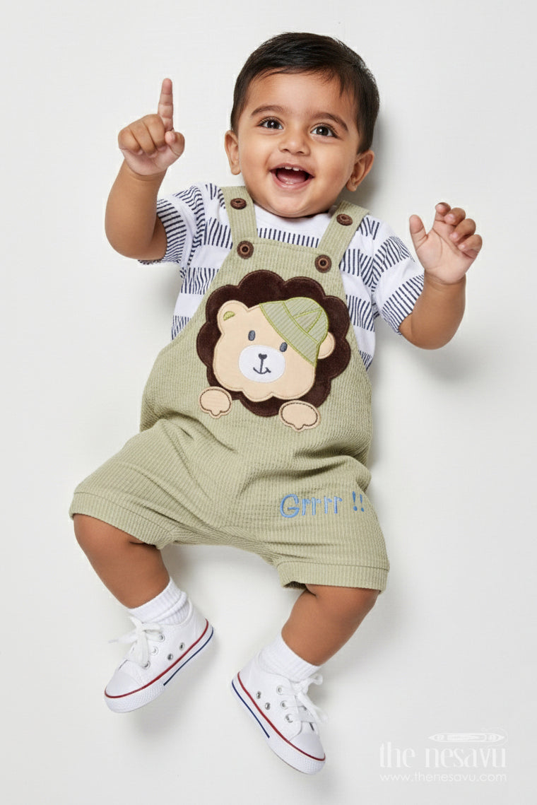 The Nesavu Baby Dungarees Cotton Baby Dungaree Set with Animal Embroidery for Playful Dressing Nesavu 14 (6M) / Green BCS519B-14 Nesavu baby dungaree set bear embroidery striped tee  made comfort daily cuteness