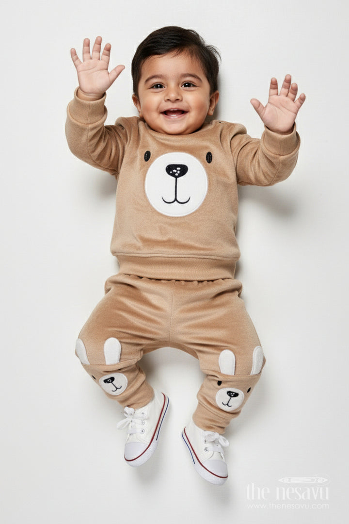 The Nesavu Boys Casual Set Cotton Boys Jogger Set with Animal Print for Everyday Play Nesavu 12 (3M) / Brown BCS522A-12 Nesavu boys cotton casual jogger set animal print everyday comfort active wear