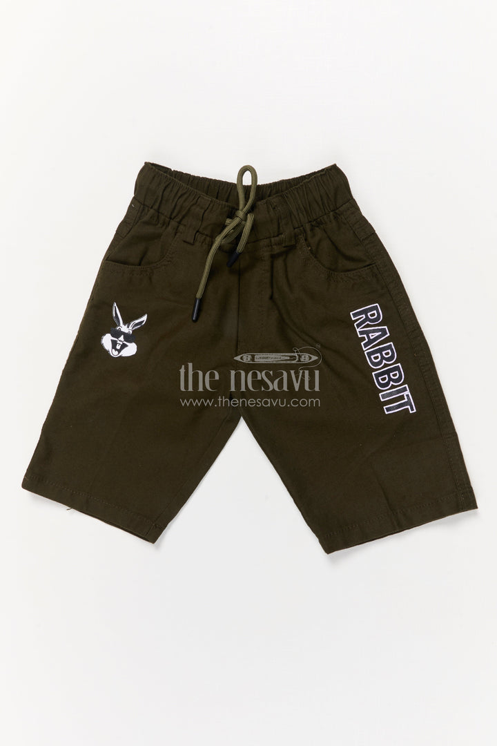 The Nesavu Boys Shorts Cotton Boys Shorts with Cartoon Print and Bold Text Design Nesavu 14 (6M) / Green / Cotton BWS066J-14 Boys cotton shorts with rabbit print, elastic waist, and side pockets