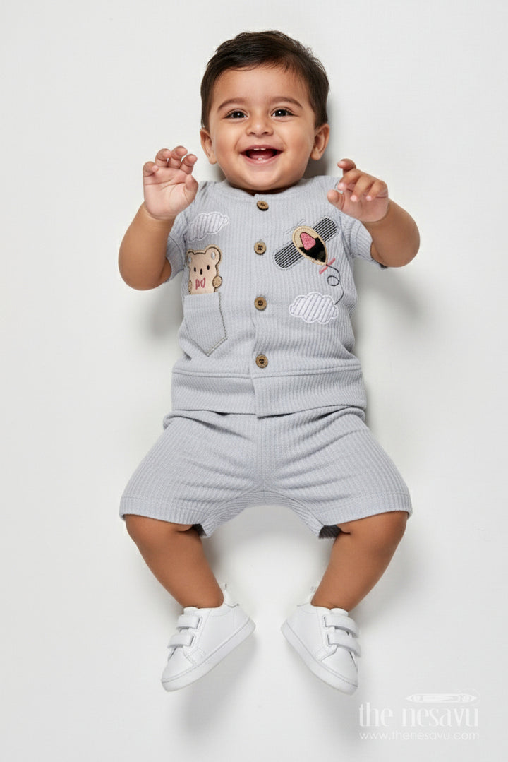 The Nesavu Boys Casual Set Cotton Co-ord Set for Boys to Wear During Play, Outings, or Lounging Nesavu 14 (6M) / Gray BCS528B-14 Nesavu boys cotton co-ord set short sleeve shirt pants play casual wear