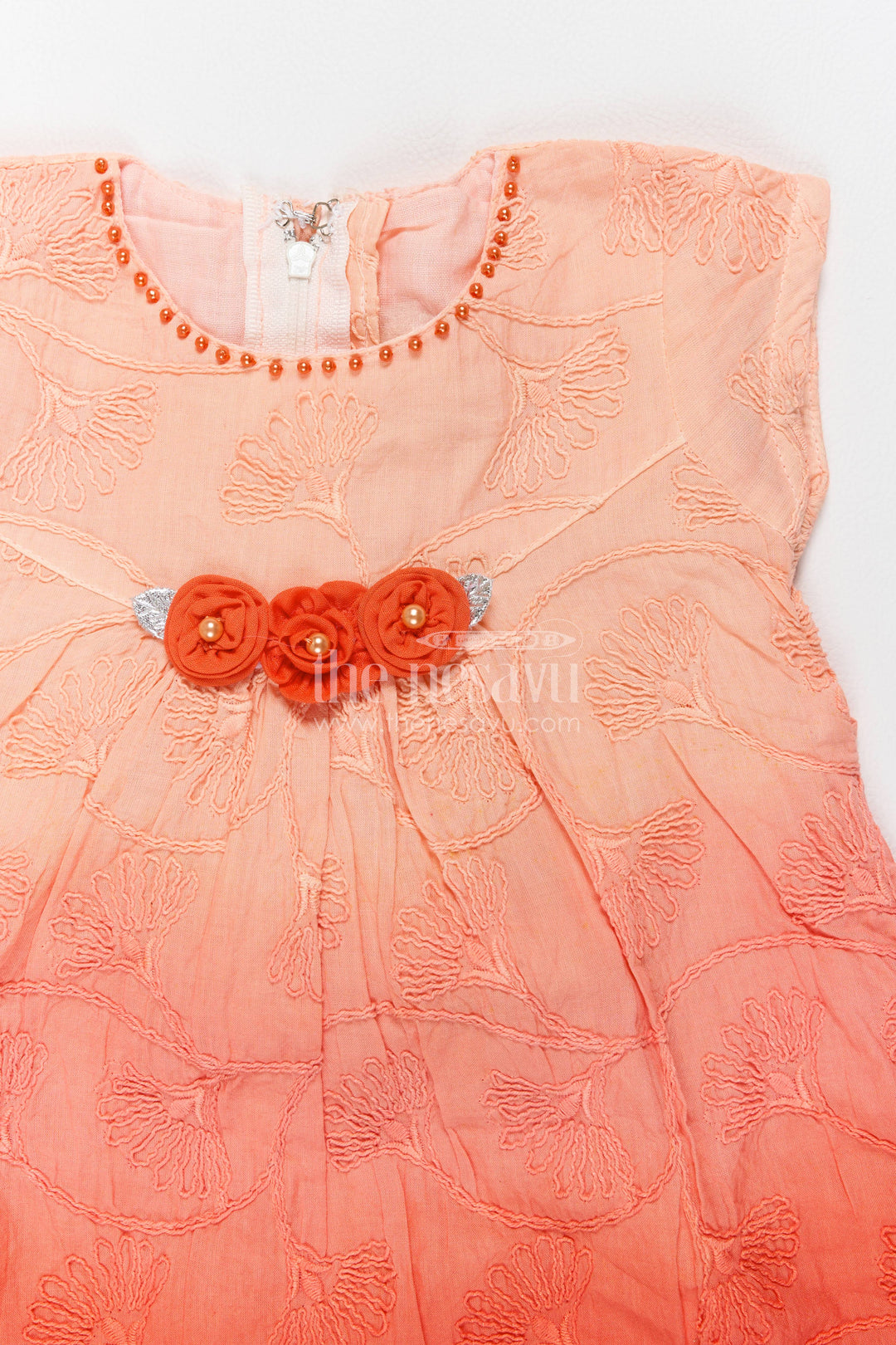 The Nesavu Girls Cotton Frock Cotton Dress for Girls in Orange for Traditional Events Nesavu Nesavu Cotton Dress For Girls In Orange With Thread Embroidery