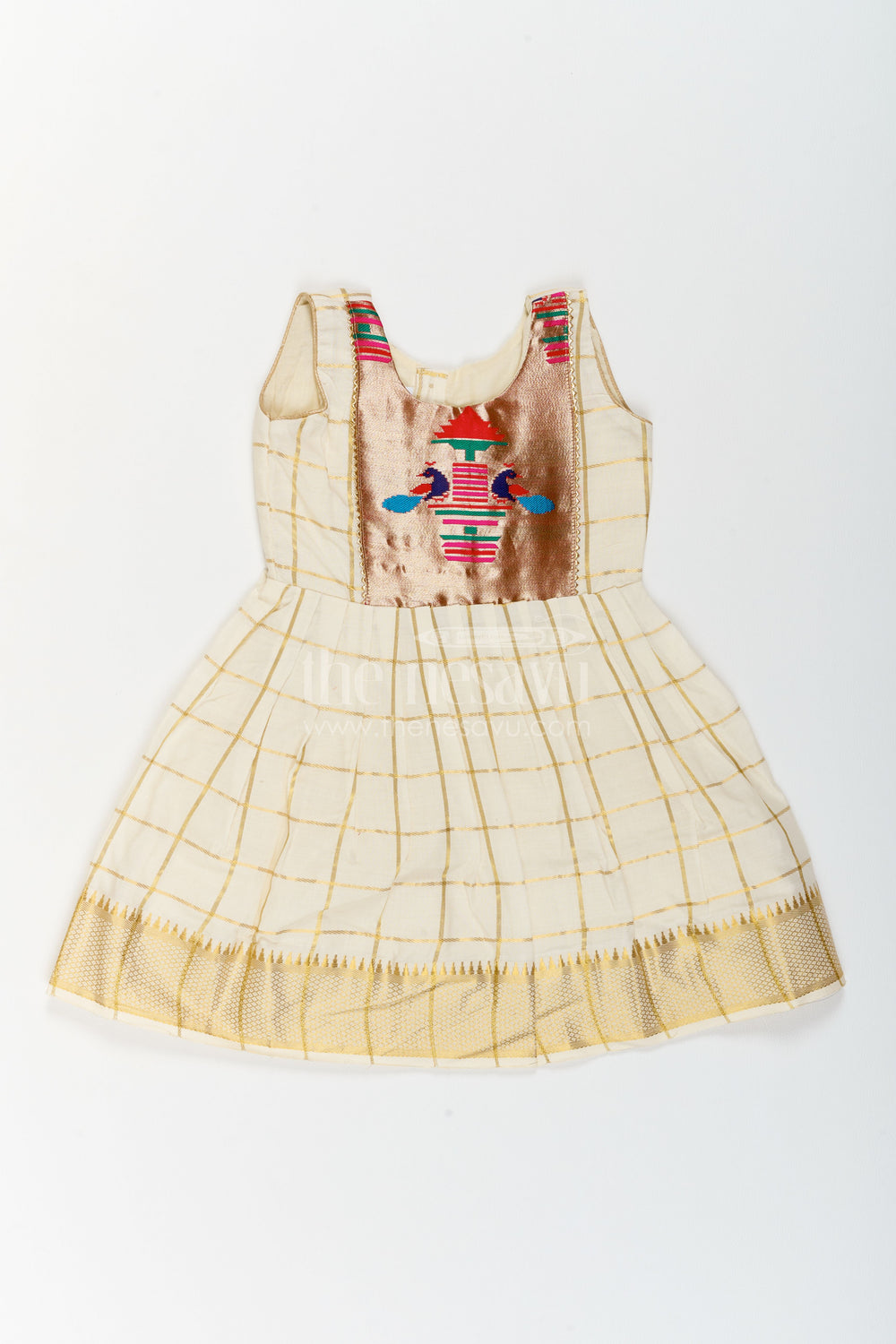 The Nesavu Girls Cotton Frock Cotton Dress for Girls with Statement Border for Festive Occasions Nesavu 14 (6M) / Cream / Cotton SF1225A-14 Nesavu Cotton Dress For Girls In Cream With Statement Border SF1225A-14
