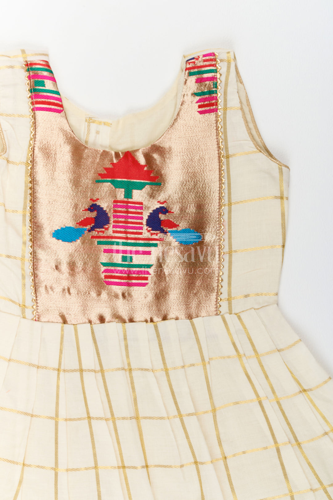 The Nesavu Girls Cotton Frock Cotton Dress for Girls with Statement Border for Festive Occasions Nesavu Nesavu Cotton Dress For Girls In Cream With Statement Border