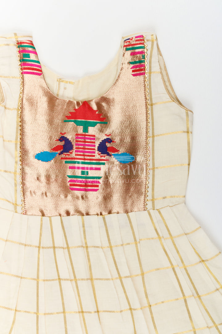 The Nesavu Girls Cotton Frock Cotton Dress for Girls with Statement Border for Festive Occasions Nesavu Nesavu Cotton Dress For Girls In Cream With Statement Border