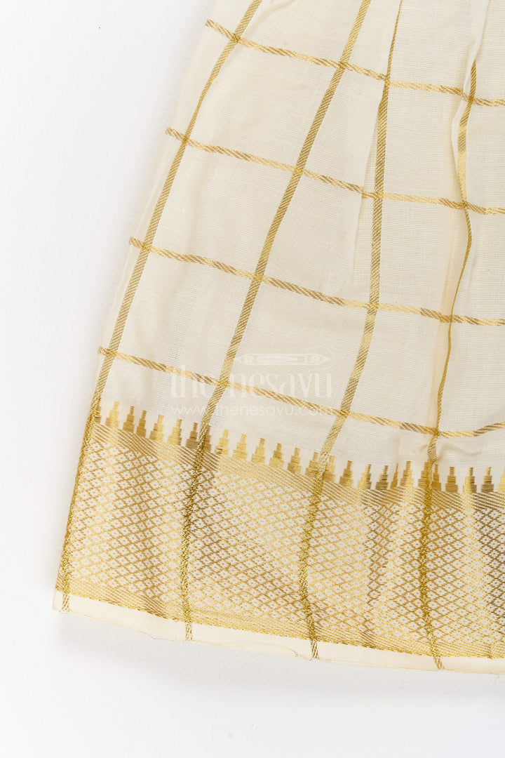 The Nesavu Girls Cotton Frock Cotton Dress for Girls with Statement Border for Festive Occasions Nesavu Nesavu Cotton Dress For Girls In Cream With Statement Border