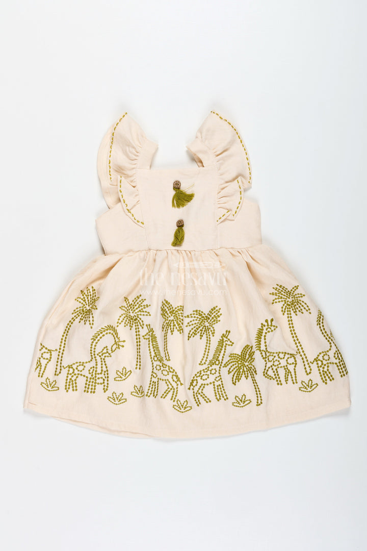The Nesavu Girls Cotton Frock Cotton Dress for Toddler Girls with Leaf Embroidery Nesavu 20 (3Y) / Cream GFC1855A-20 Nesavu Toddler Cotton Summer Frock Leaf Embroidery Frilled Sleeves Everyday Comfort