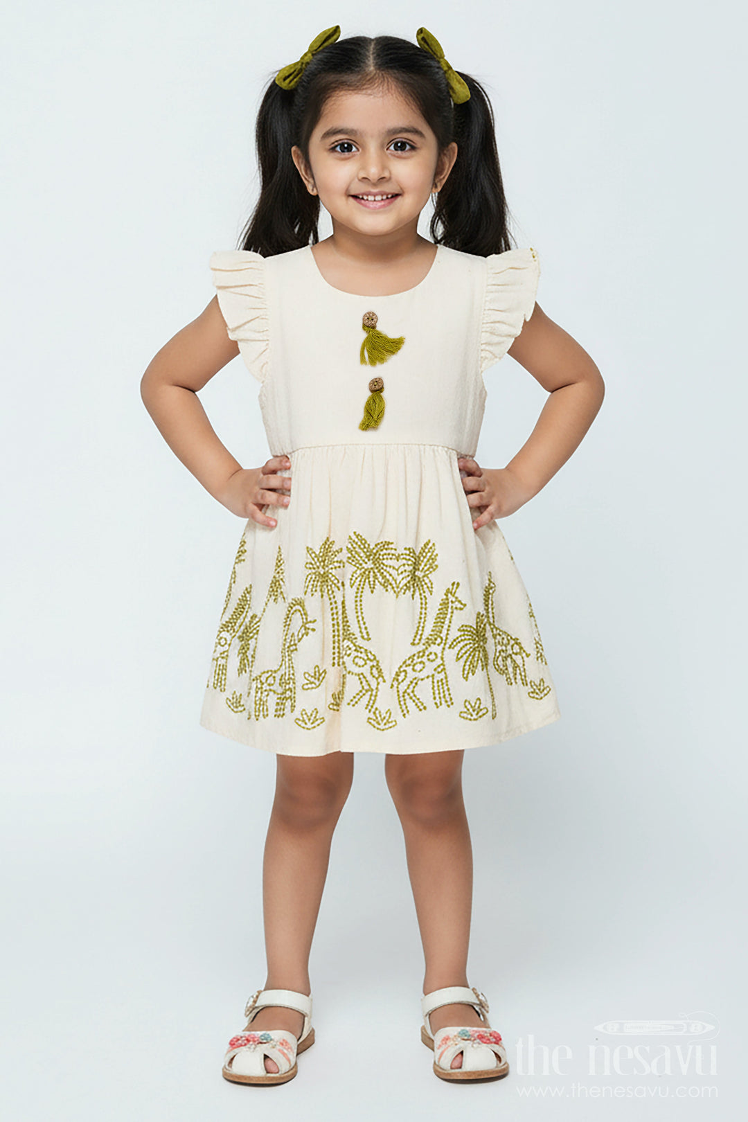 The Nesavu Girls Cotton Frock Cotton Dress for Toddler Girls with Leaf Embroidery Nesavu 20 (3Y) / Cream GFC1855A-20 Nesavu Toddler Cotton Summer Frock Leaf Embroidery Frilled Sleeves Everyday Comfort