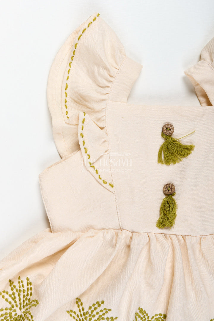 The Nesavu Girls Cotton Frock Cotton Dress for Toddler Girls with Leaf Embroidery Nesavu Nesavu Toddler Cotton Summer Frock Leaf Embroidery Frilled Sleeves Everyday Comfort