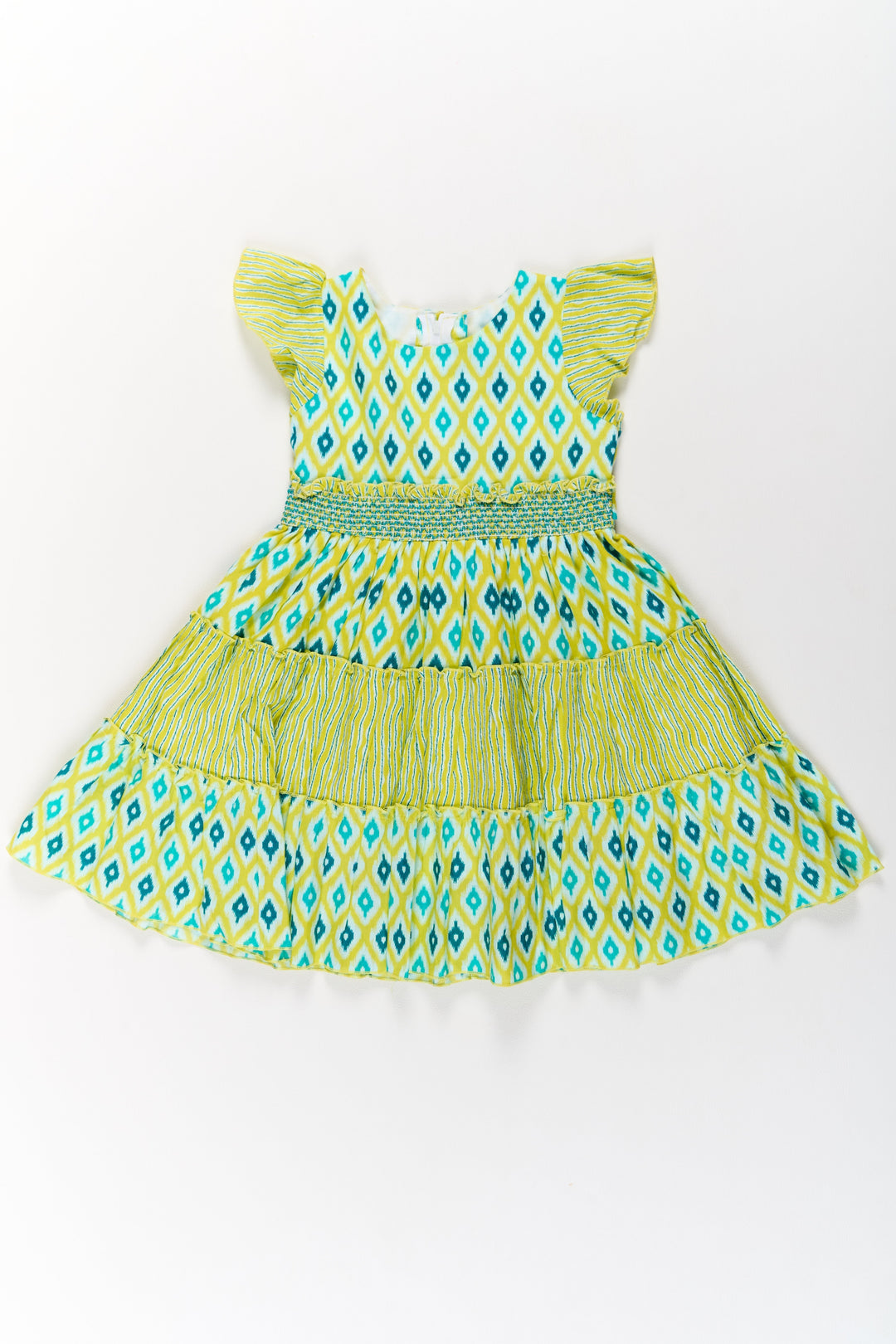 The Nesavu Girls Cotton Frock Cotton Dresses for Girls with Ikat Print and Ruffled Cap Sleeves Nesavu 20 (3Y) / Yellow GFC1501A-20 Cotton Dresses Girls Ikat Print Smocked Bodice Ruffled Sleeves | The Nesavu