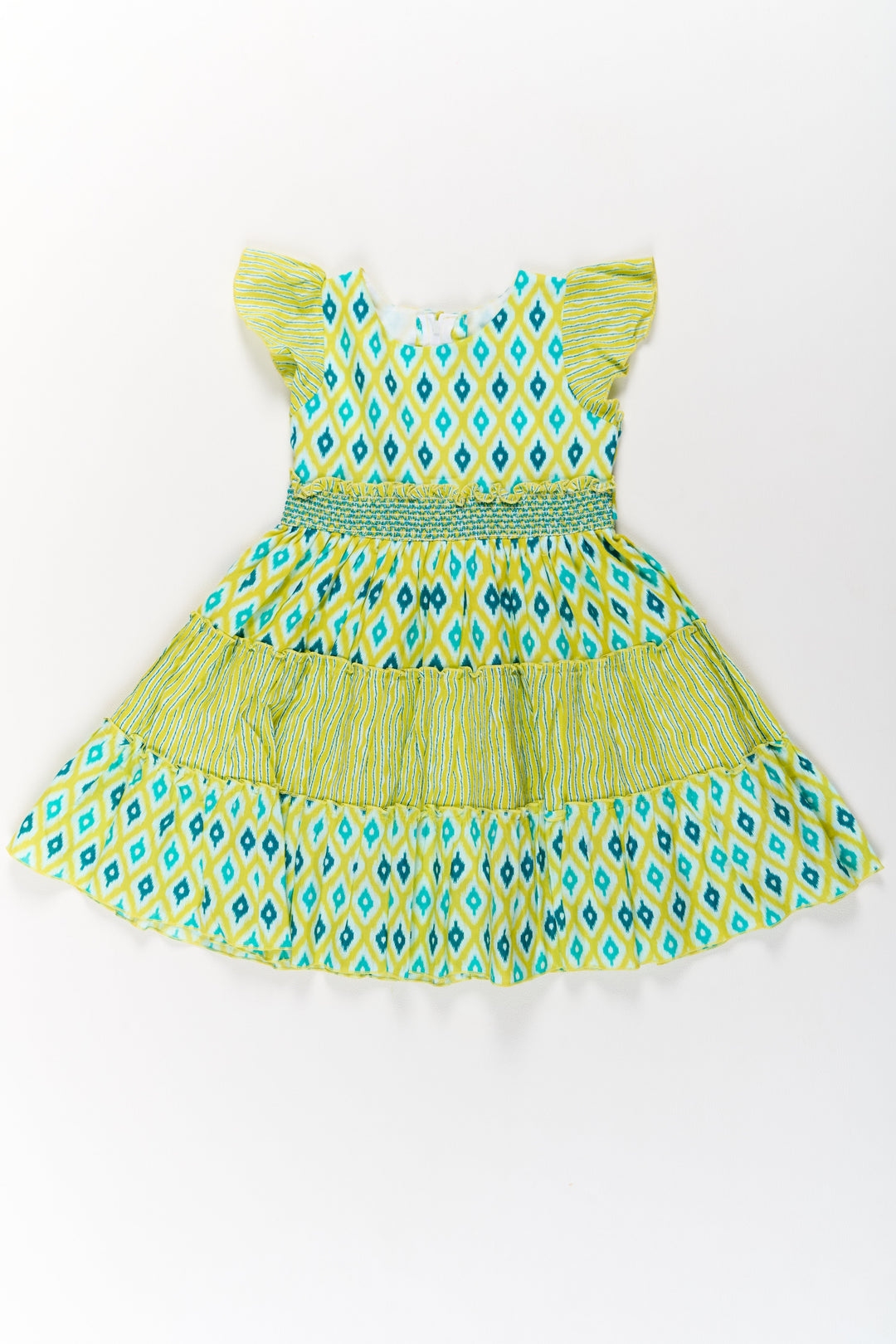 The Nesavu Girls Cotton Frock Cotton Dresses for Girls with Ikat Print and Ruffled Cap Sleeves Nesavu 20 (3Y) / Yellow GFC1501A-20 Nesavu Cotton Dresses Girls Ikat Print Smocked Bodice Ruffled Sleeves