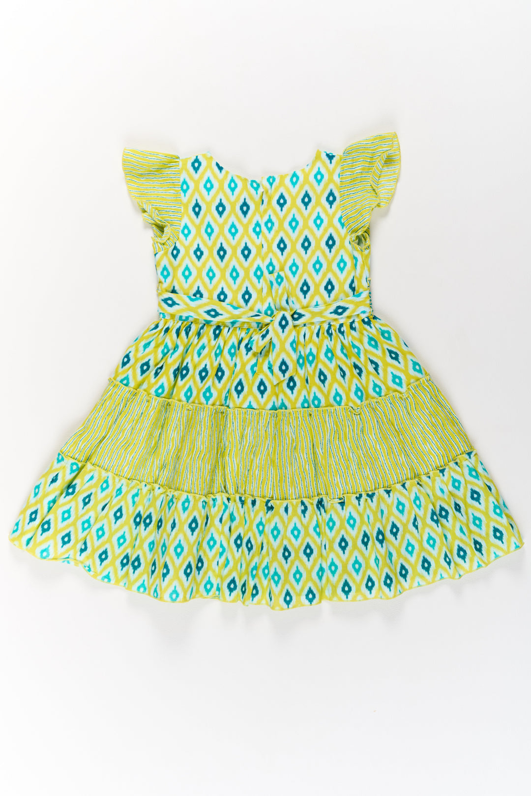 The Nesavu Girls Cotton Frock Cotton Dresses for Girls with Ikat Print and Ruffled Cap Sleeves Nesavu Nesavu Cotton Dresses Girls Ikat Print Smocked Bodice Ruffled Sleeves