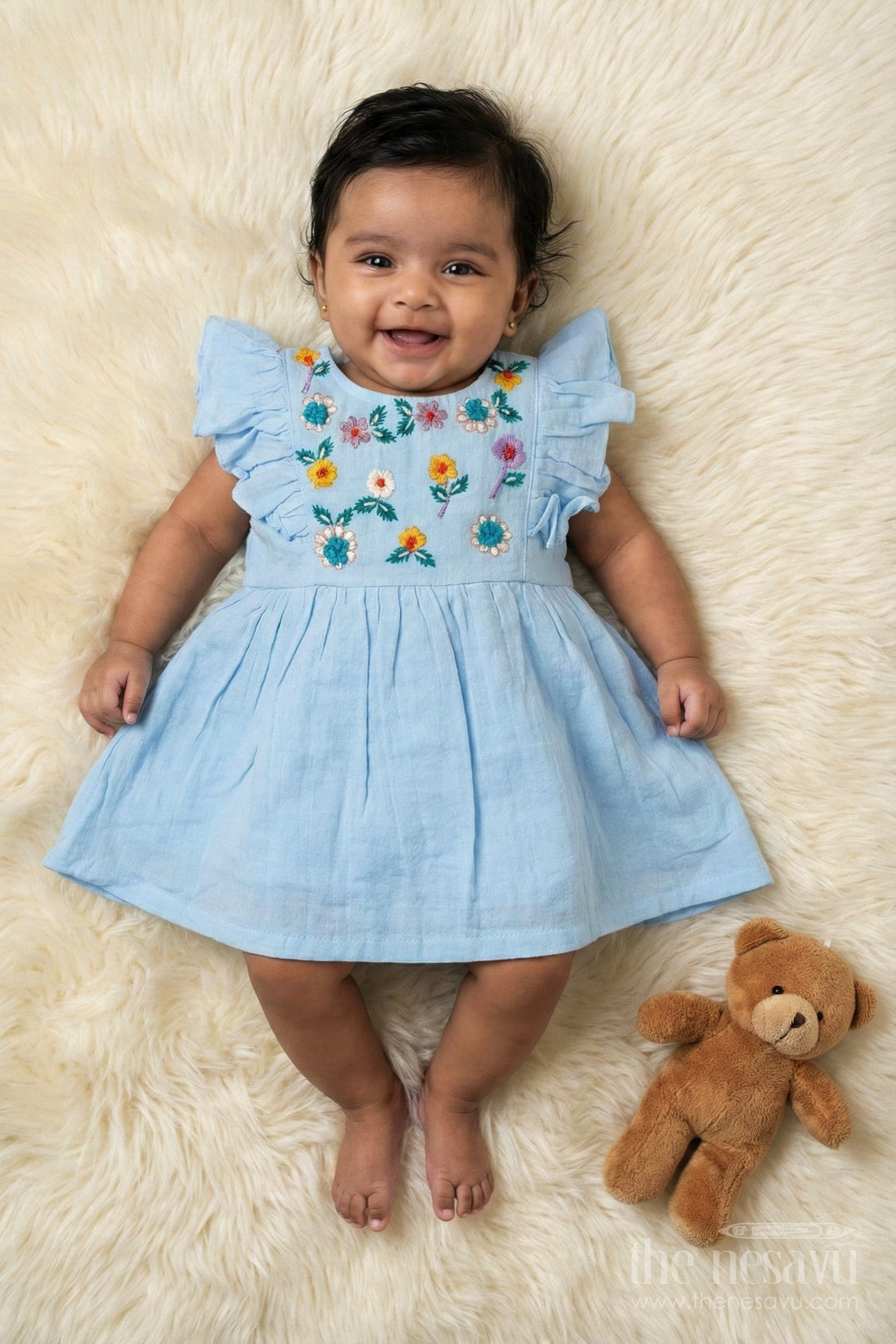 The Nesavu Baby Cotton Frocks Cotton Embroidered Frock for Toddler Girls with Flutter Sleeves Nesavu 14 (6M) / Blue BFJ890A-14 Nesavu toddler girl cotton frock with floral embroidery and flutter sleeves for traditional functions