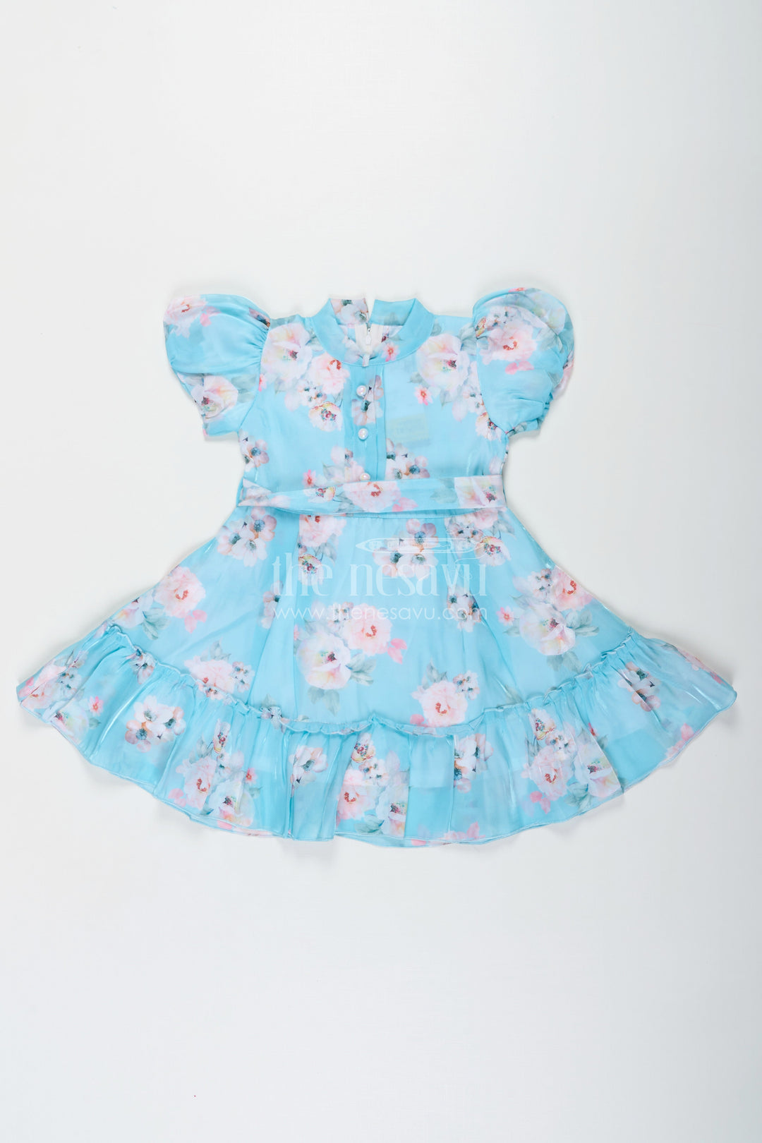 The Nesavu Girls Fancy Frock Cotton Ethnic Frock for Girls in Aqua Blue Chiffon with Digital Floral Print and Ruffle Details Nesavu 20 (3Y) / Blue GFC1711B-20 Cotton Ethnic Frock for Girls in Aqua Chiffon with Digital Floral Print and Ruffle Details | The Nesavu