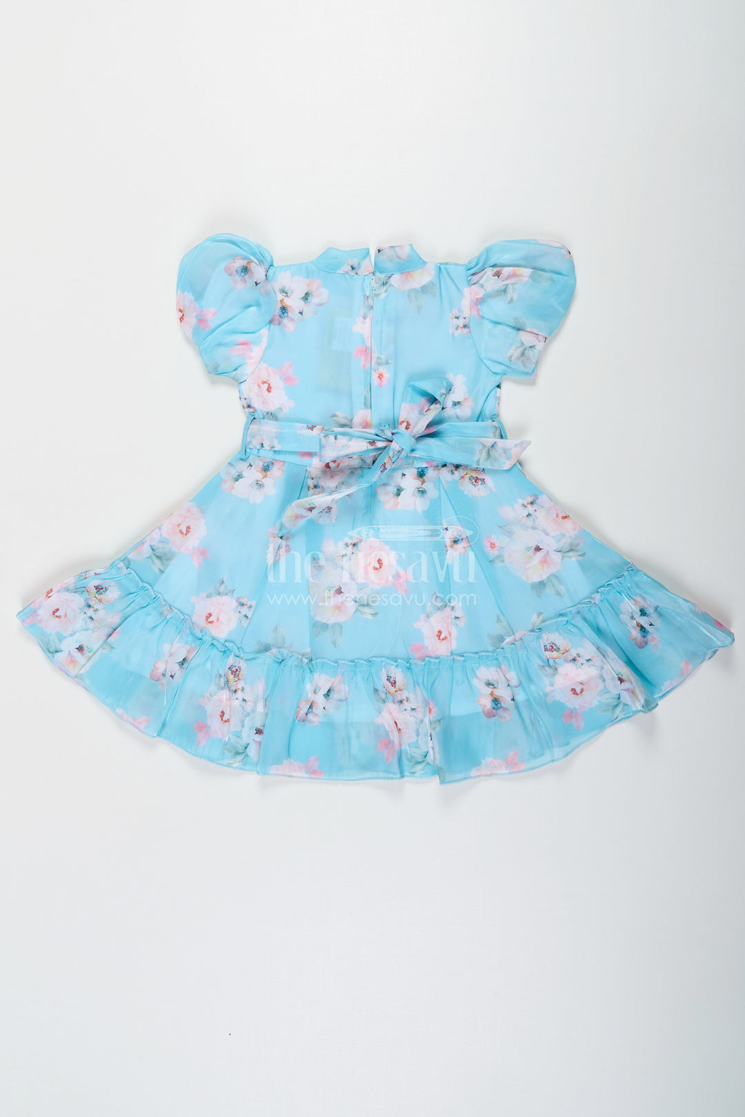 The Nesavu Girls Fancy Frock Cotton Ethnic Frock for Girls in Aqua Blue Chiffon with Digital Floral Print and Ruffle Details Nesavu Cotton Ethnic Frock for Girls in Aqua Chiffon with Digital Floral Print and Ruffle Details | The Nesavu