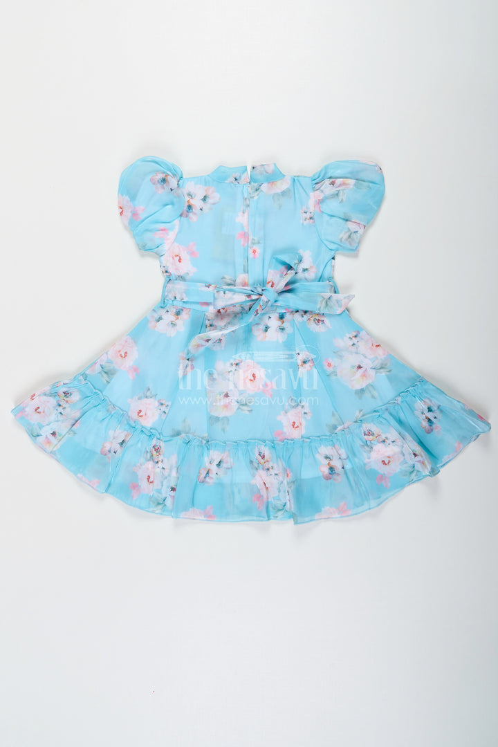 The Nesavu Girls Fancy Frock Cotton Ethnic Frock for Girls in Aqua Blue Chiffon with Digital Floral Print and Ruffle Details Nesavu Cotton Ethnic Frock for Girls in Aqua Chiffon with Digital Floral Print and Ruffle Details | The Nesavu