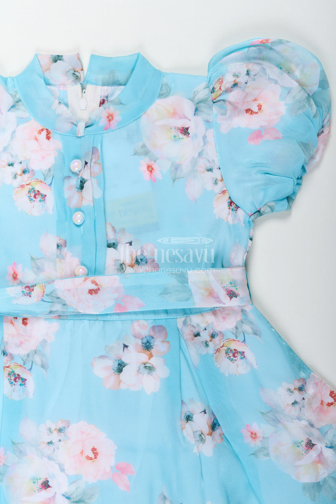 The Nesavu Girls Fancy Frock Cotton Ethnic Frock for Girls in Aqua Blue Chiffon with Digital Floral Print and Ruffle Details Nesavu Cotton Ethnic Frock for Girls in Aqua Chiffon with Digital Floral Print and Ruffle Details | The Nesavu