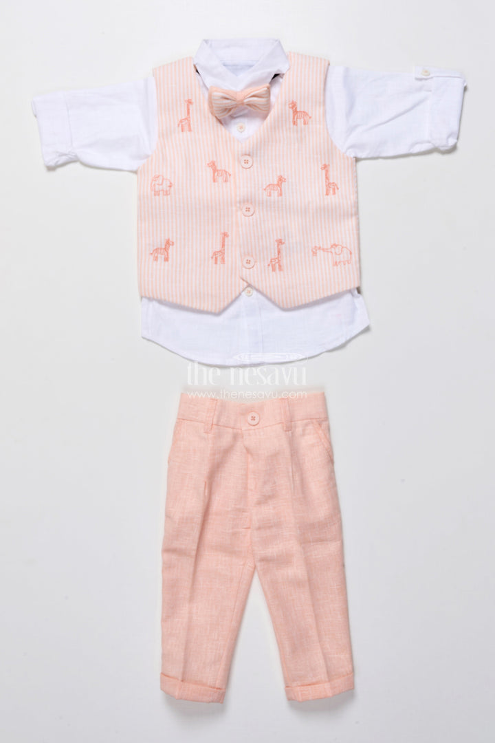 The Nesavu Boys Casual Set Cotton Festive Outfit for Boys with Embroidered Jacket and Formal Pants Nesavu 16 (1Y) / Peach BCS440B-16 Nesavu boys cotton festive outfit animal embroidery jacket trousers special events