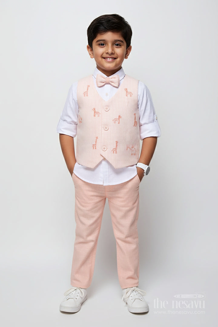The Nesavu Boys Casual Set Cotton Festive Outfit for Boys with Embroidered Jacket and Formal Pants Nesavu 16 (1Y) / Peach BCS440B-16 Nesavu boys cotton festive outfit animal embroidery jacket trousers special events
