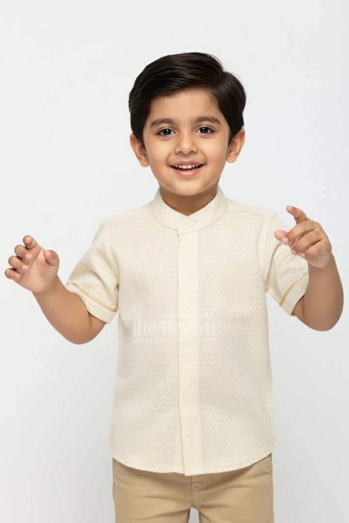 The Nesavu Boys Silk Shirt Cotton Festive Shirt for Boys in Gold Silk Blend with Mandarin Collar and Subtle Pattern Detail Nesavu 16 (1Y) / Cream BS294A-16 Nesavu Boys Cotton Festive Shirt Silk Blend Mandarin Collar Subtle Woven Design