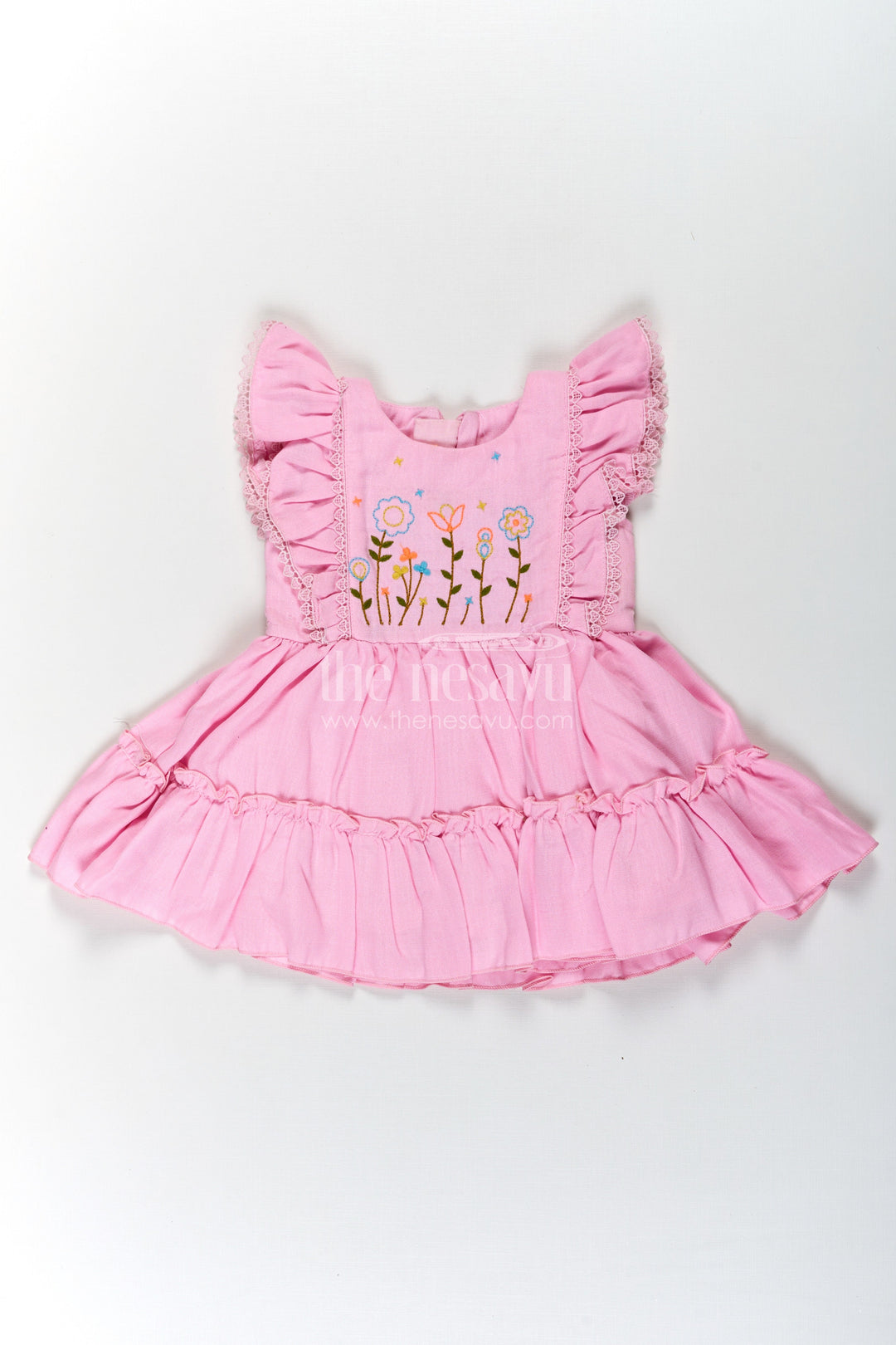 The Nesavu Baby Cotton Frocks Cotton Frock Baby in Light Pink with Floral Thread Embroidery and Ruffled Sleeves Nesavu 14 (6M) / Pink BFJ770A-14 Cotton Frock Baby Light Pink Floral Thread Embroidery Tiered Hem | The Nesavu