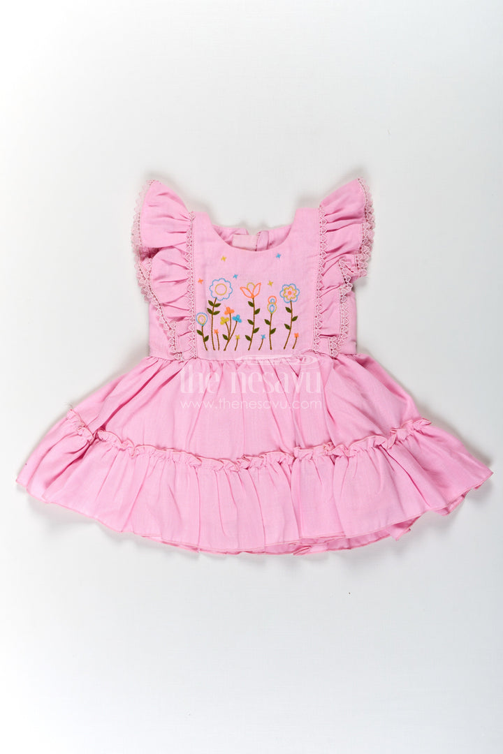 The Nesavu Baby Cotton Frocks Cotton Frock Baby in Light Pink with Floral Thread Embroidery and Ruffled Sleeves Nesavu 14 (6M) / Pink BFJ770A-14 Cotton Frock Baby Light Pink Floral Thread Embroidery Tiered Hem | The Nesavu