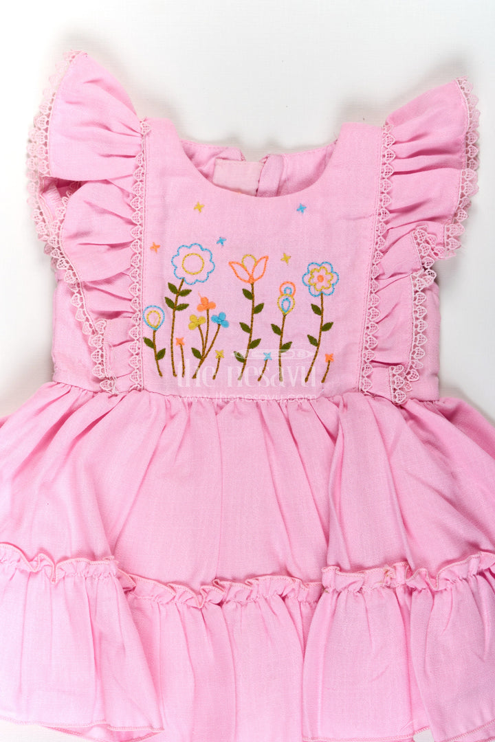 The Nesavu Baby Cotton Frocks Cotton Frock Baby in Light Pink with Floral Thread Embroidery and Ruffled Sleeves Nesavu Cotton Frock Baby Light Pink Floral Thread Embroidery Tiered Hem | The Nesavu